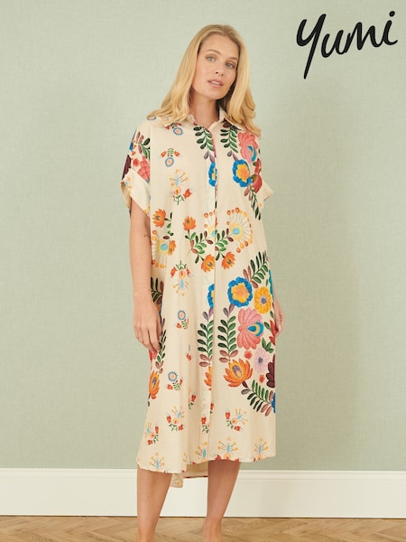 Yumi Cream Folk Print Relaxed 100% Cotton Tunic (W59244) | £65