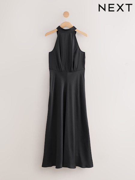 Black Textured Satin Halter Sleeveless Midi Dress (W59246) | £55