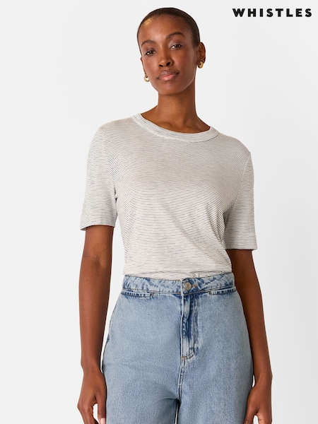 Whistles Grey Rosa Double Trim Stripe 100% Cotton T-Shirt (W59271) | £39