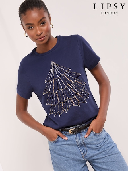 Lipsy Navy Blue Embellished Tree Crew Neck T-Shirt (W59306) | £35