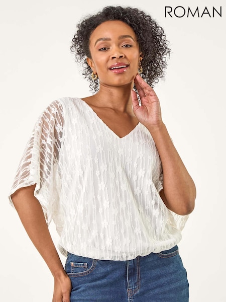 Roman White Petite Mesh V-Neck Blouson Blouse (W59310) | £36