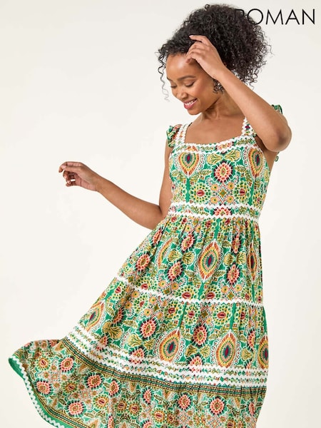 Roman Green Petite Abstract Frill Ric Rac Midi Dress (W59315) | £55