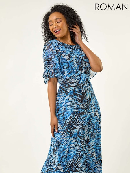 Roman Blue Petite Abstract Print Gathered Midi Dress (W59319) | £65