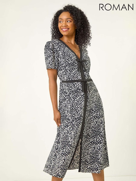 Roman Black Petite Contrast Bow Midi Dress (W59321) | £58