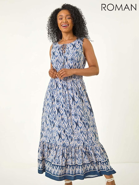Roman Blue Petite Print Frill Midi Dress (W59325) | £58