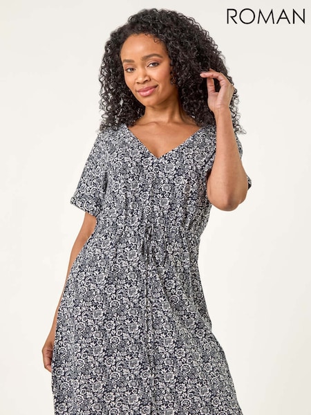 Roman Blue Petite Floral Print Tie Waist Dress (W59327) | £42