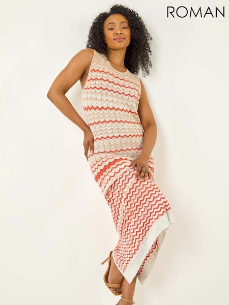 Roman Pink Petite Chevron Knitted Midi Dress (W59328) | £55