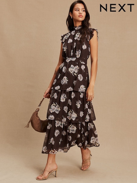 Brown Floral Printed High Neck Tiered Occasion Maxi Dress (W59388) | £39