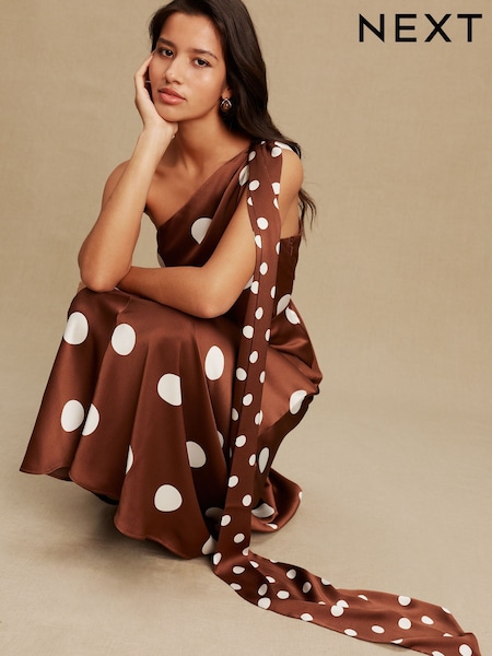 Chocolate Brown Spot Textured Satin Scarf Neck Midi Dress (W59411) | £64