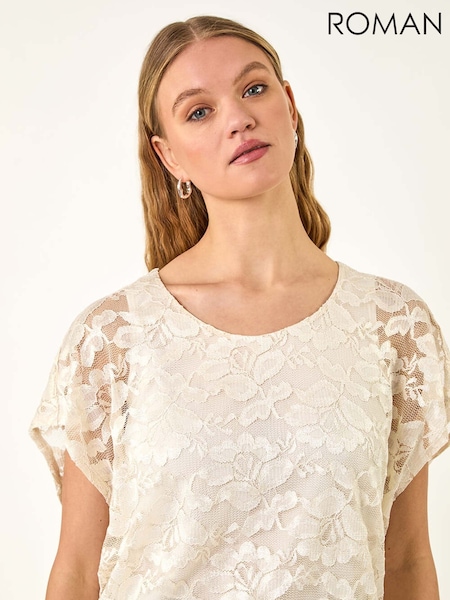 Roman White Floral Print Lace Overlay Stretch Blouse (W59416) | £42