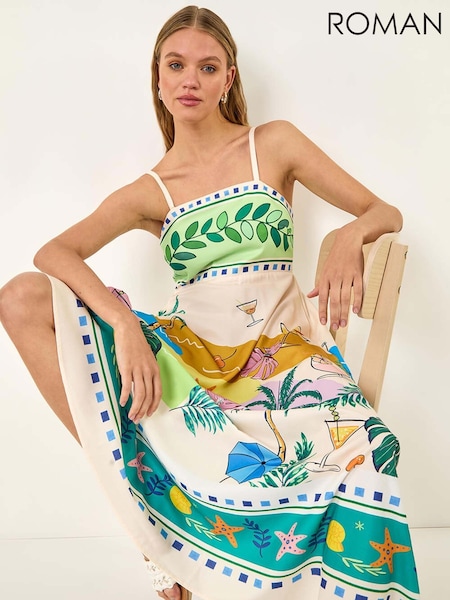 Roman White Beach Print Strappy Midi Dress (W59435) | £55