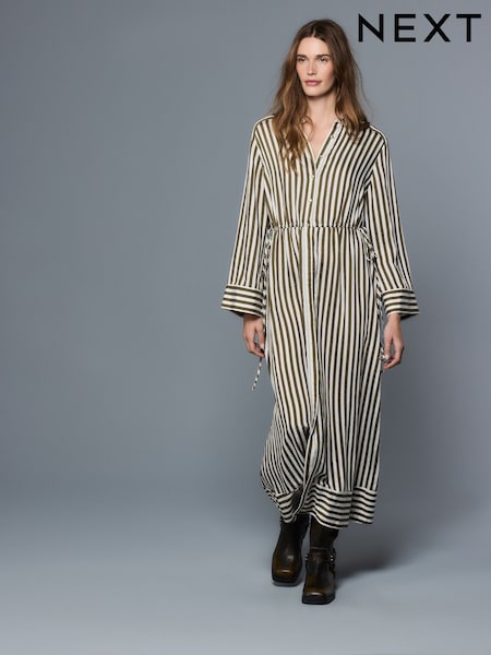 Green Stripe Tie Waist Long Sleeve Midi Shirt Dress (W59462) | £44