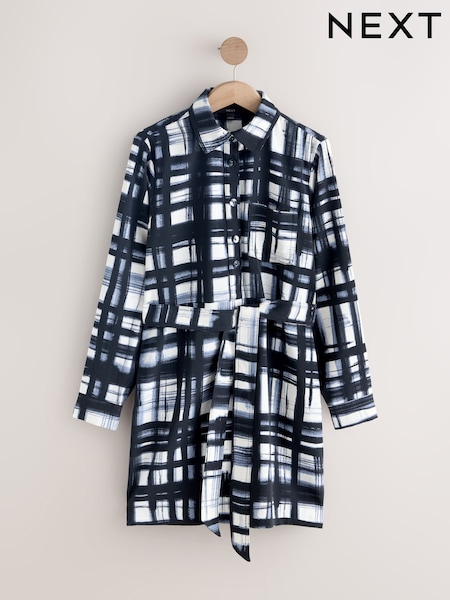 Black/White Check Mini Long Sleeve Tie Waist Shirt Dress (W59473) | £39