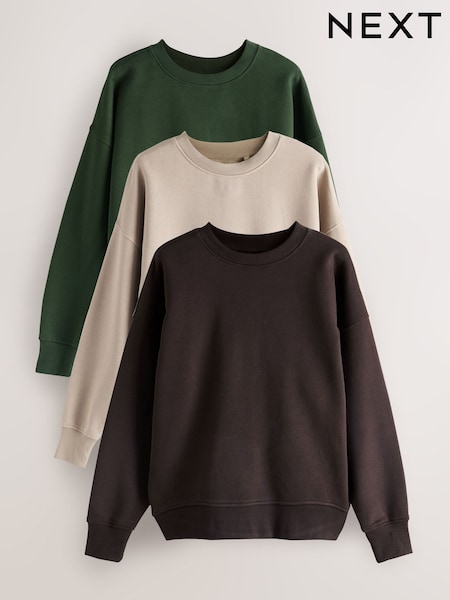 Khaki/Stone Cotton Rich Brushed Back Soft Feel Ribbed Crewneck Sweatshirts 3 Pack (W59512) | £54