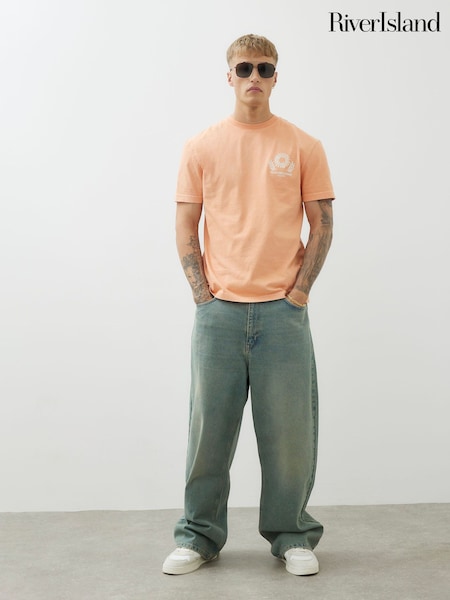 River Island Orange Regular Fit Embroidered 100% Cotton  T-Shirt (W59915) | £29