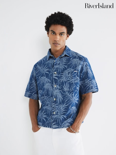 River Island Blue Denim Boxy Fit Palm Print Shirt (W59925) | £40