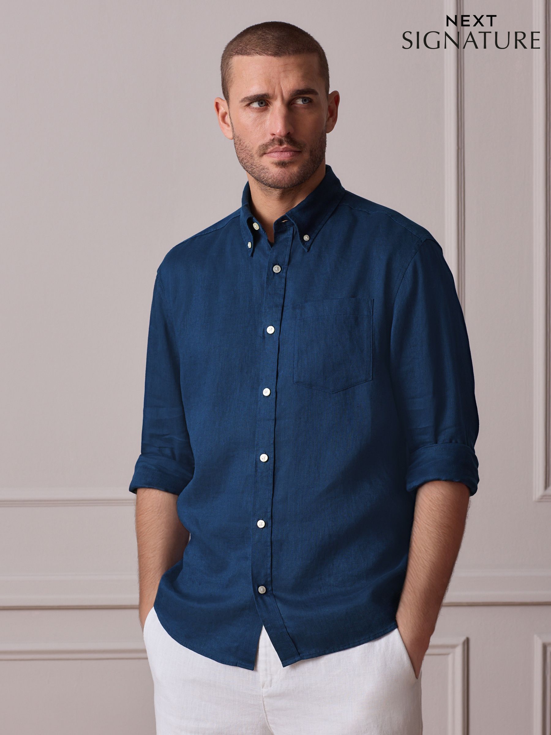 BG Men's Linen Button-Down Shirt – Long Sleeve, Casual Summer Style With Chest Pocket