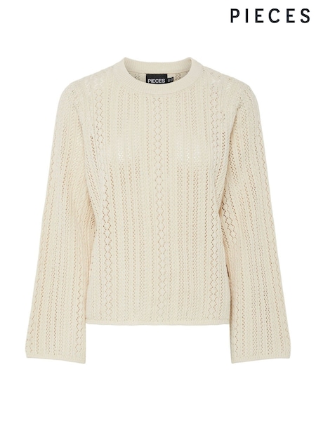 PIECES Cream Long Sleeve Round Neck Crochet Top (W60003) | £36