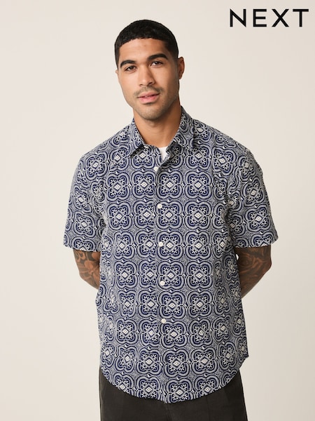 Navy Textured Embroidered Leaf Short Sleeve Shirt (W60070) | £38
