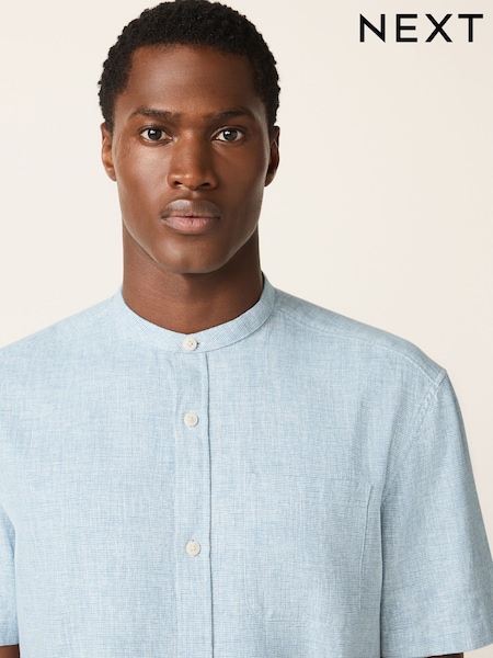 Blue Grandad Collar Cotton Linen Blend Short Sleeve Shirt (W60071) | £32