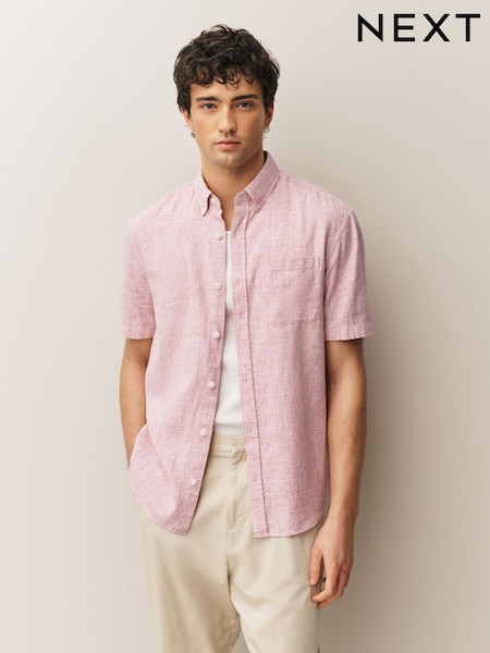 Pink Standard Collar Cotton Linen Blend Short Sleeve Shirt (W60072) | £32