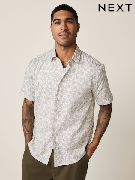 Ecru Floral Print Short Sleeve Shirt (W60074) | £30