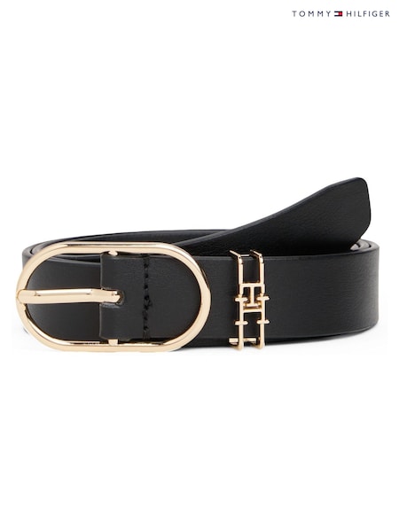 Tommy Hilfiger Black Leather Monogram Oval Buckle Belt (W60097) | £0