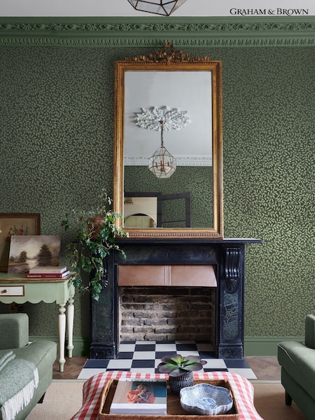Graham & Brown Olive Gilded Leaf 10M Wallpaper (W60149) | £95