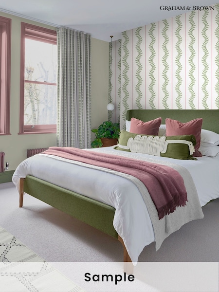 Graham & Brown Pink Green Laurel Leaf Print Stripe A4 Wallpaper Sample (W60179) | £1