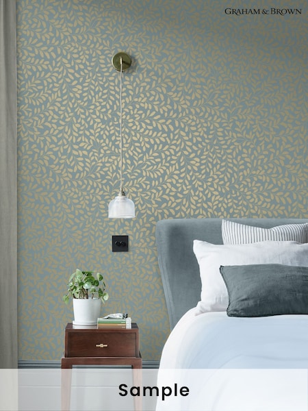 Graham & Brown Sky Blue Pale Gold Gilded Leaf Print A4 Wallpaper Sample (W60197) | £1