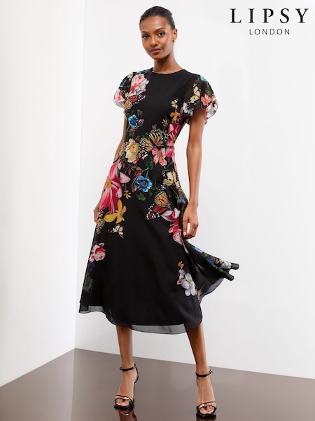Lipsy Black Fit And Flare Floral Print Short Sleeve Printed Chiffon Midi Dress (W60230) | £80