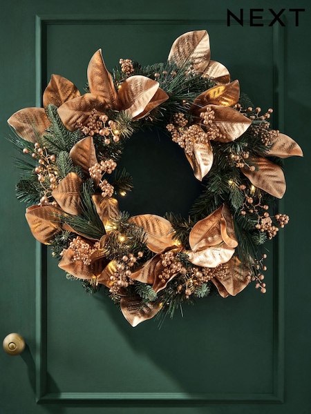 Gold Leaf Lit Christmas Wreath (W60244) | £50