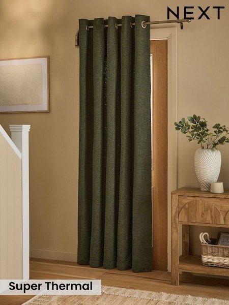 Green Olive Bouclé Super Thermal Eyelet Door Curtains (W60391) | £55 - £75