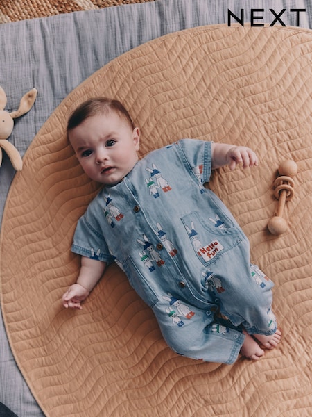 Blue Denim Rabbit Print Short Sleeve Baby Romper (0mths-3yrs) (W60503) | £15 - £17