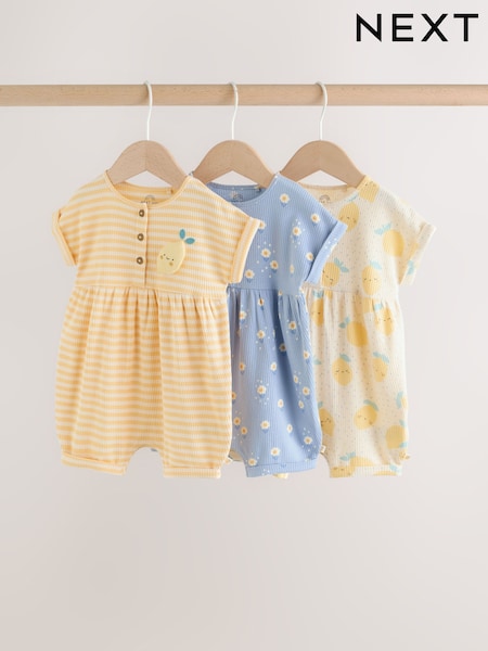Blue and Lemon Printed Button T Shirt Jersey 3 Pack Baby Rompers (W60522) | £21 - £25