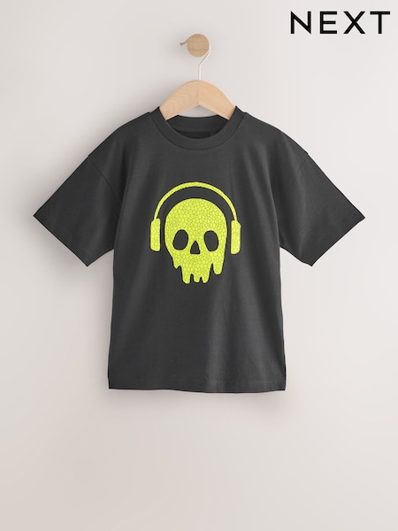 Black/Lime Skull Relaxed Fit Short Sleeve Graphic T-Shirt (3-16yrs) (W60539) | £7 - £10