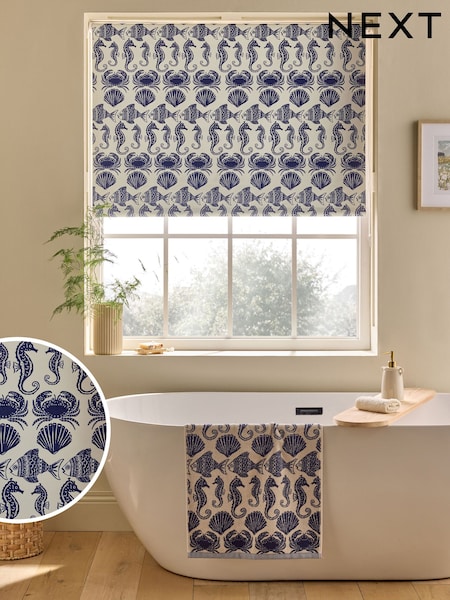Blue Ready Made Blackout Bathroom Roller Blinds Seahorse Print (W60553) | £24 - £54