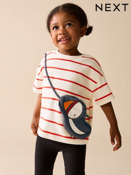 Ecru/Red Stripe Puffin Short Sleeve Bag T-Shirt (3mths-7yrs) (W60560) | £10 - £12