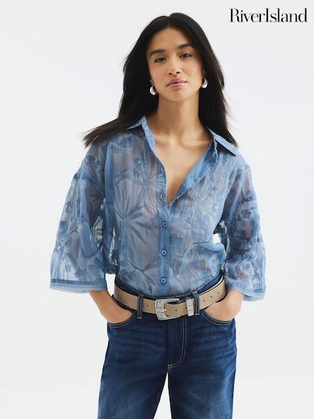 River Island Blue Petite Floral Print Embroidered Shirt (W60587) | £0