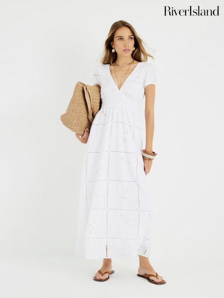 River Island White Cutwork 100% Cotton Midi Dress (W60601) | £72