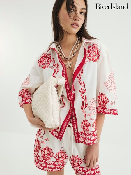 River Island Red Boxy Shell Riviera 100% Cotton Shirt (W60602) | £0