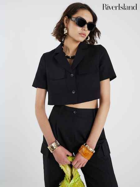 River Island Black Cropped Pocket Linen Jacket (W60613) | £0