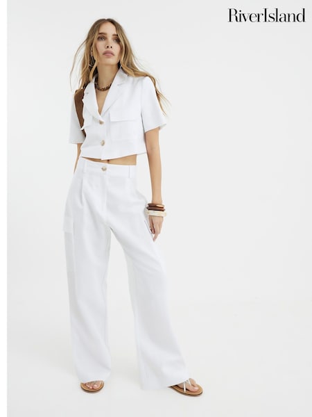 River Island White Linen Wide Leg Trousers (W60628) | £46