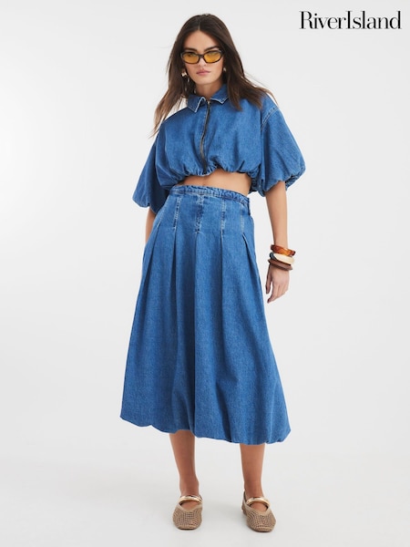 River Island Blue Puffball 100% Cotton Denim Crop Shirt (W60631) | £42