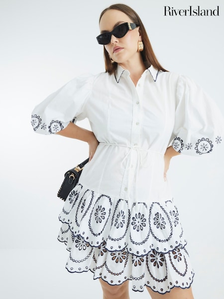 River Island White Cutwork Mini 100% Cotton Shirt Dress (W60636) | £62