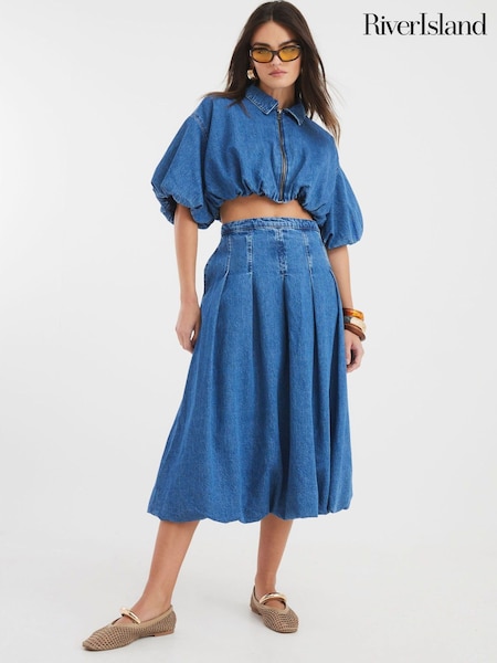 River Island Blue Denim Puffball Denim 100% Cotton Midi Skirt (W60647) | £49