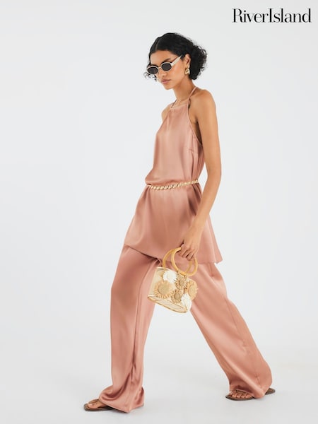 River Island Brown Satin Straight Leg Trousers (W60653) | £40