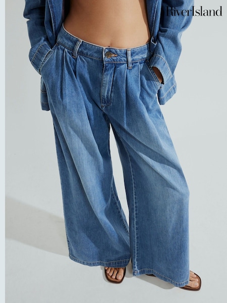 River Island Blue High Rise Tailored 100% Cotton Wide Leg Jeans (W60654) | £57