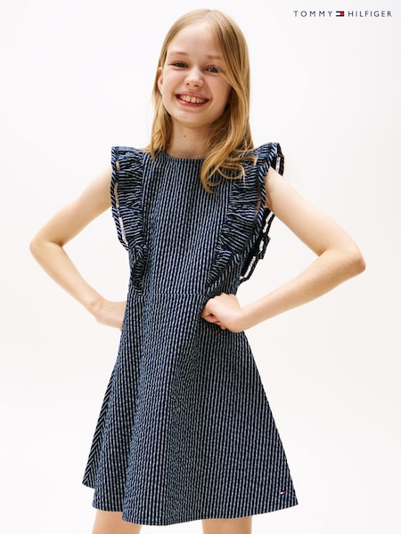 Tommy Hilfiger Blue Ruffle Seersucker Fit And Flare Dress (W60716) | £50 - £60