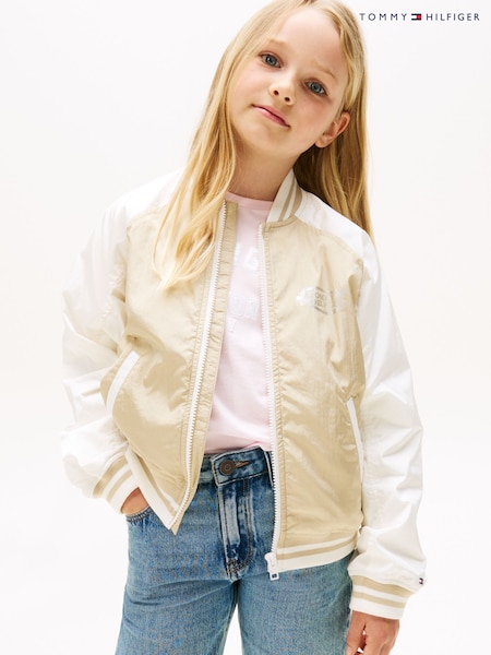 Tommy Hilfiger Cream Relaxed Back Logo Bomber Jacket (W60719) | £80 - £95